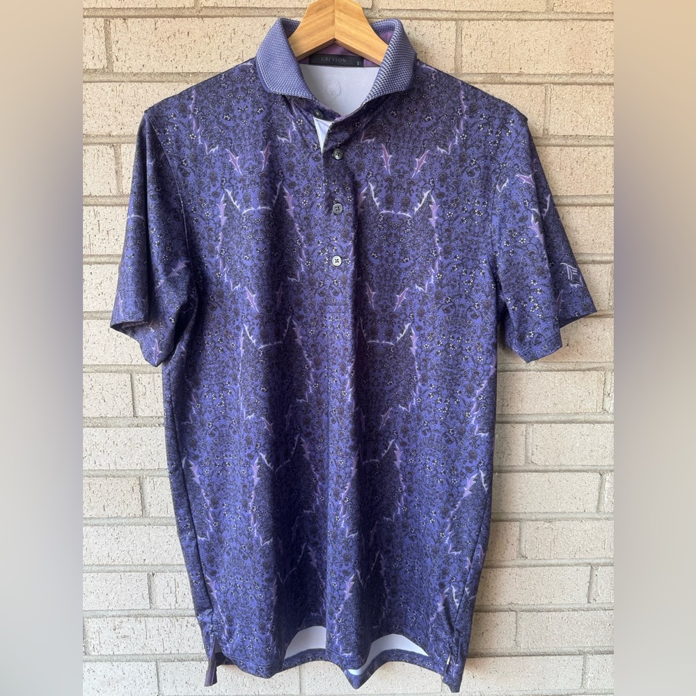 Greyson Men’s Small Purple Wolf Print Performance Polo